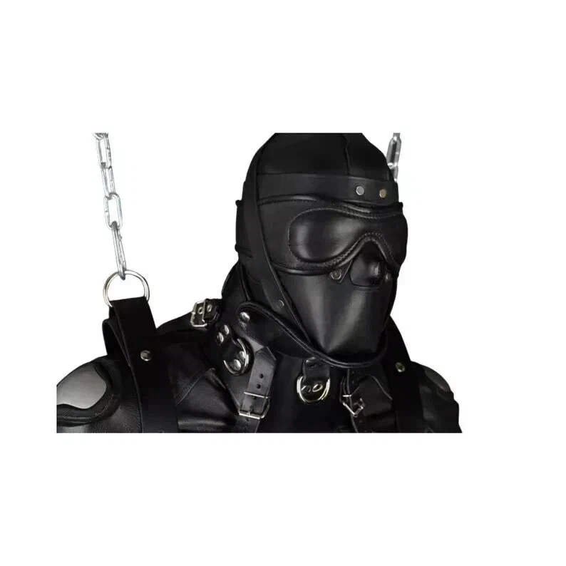 Leather BDSM Suspension Harness | Full Body Bondage Gear A detailed close-up of the tactical headpiece and neck area, showing the fine stitching of the leather eye covers, the reinforced chin strap, and the various metal rings and buckles used for securing the hood to the main body harness.