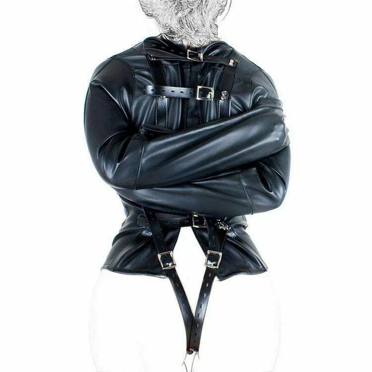Women Leather Strait jacket | Bondage Jacket BDSM Fetish Harness A rear view of a black leather straitjacket with the sleeves fully extended and buckled behind the back. The image clearly shows the heavy-duty leather crotch straps and the tension-tested silver buckles that ensure a secure and restrictive fit.