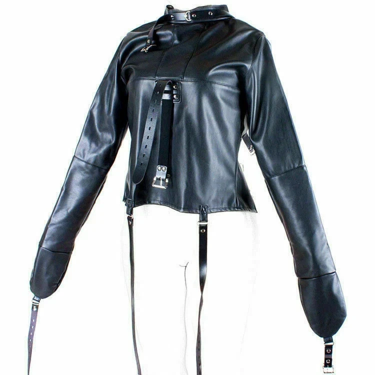 Women Leather Strait jacket | Bondage Jacket BDSM Fetish Harness A front-angle studio shot of the Faree Leather straitjacket displayed with the extra-long sleeves extended forward. The image highlights the functional design, including the front vertical strap, neck restraint, and the heavy-duty hardware used throughout the handcrafted garment.