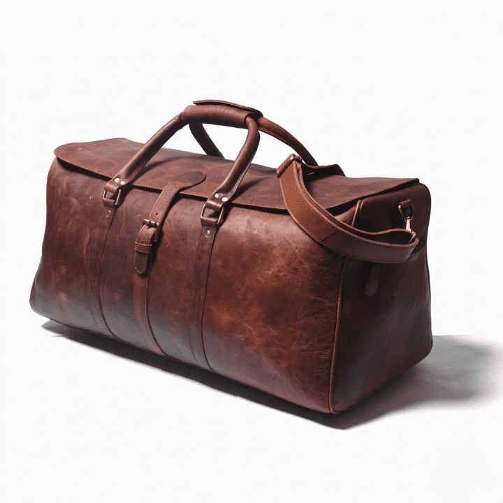 Full Grain Leather Duffel Bag | Genuine Leather Travel Bag A high-resolution side profile of the leather duffel bag on a white background, highlighting the adjustable shoulder strap, brass buckles, and the textured grain of the leather.
