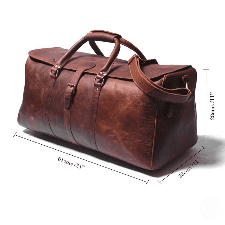 Full Grain Leather Duffel Bag | Genuine Leather Travel Bag A studio shot of the brown leather duffel bag featuring overlay lines and text indicating its dimensions as 61cms (24 inches) in length, 28cms (11 inches) in height, and 28cms (11 inches) in width.