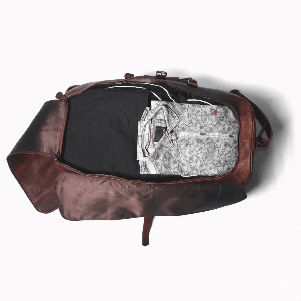 Full Grain Leather Duffel Bag | Genuine Leather Travel Bag An overhead view of the open leather duffel bag showing a neatly packed interior containing a folded patterned shirt and dark trousers.