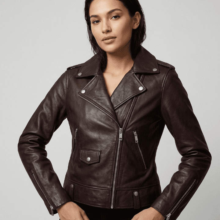 Female Leather Jacket | Brown Leather Moto Jacket | Urban Street Style