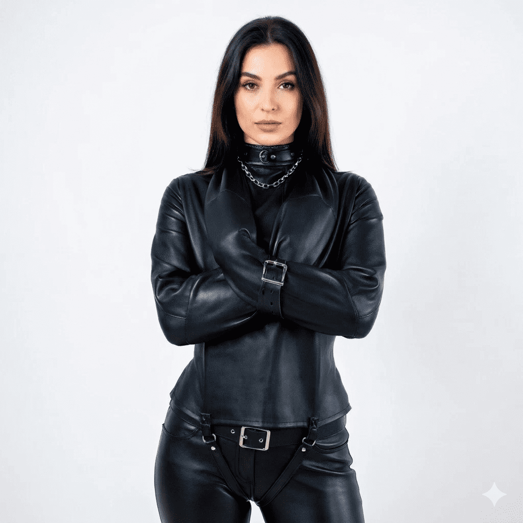 Women Leather Strait jacket | Bondage Jacket BDSM Fetish Harness front-facing view of a woman wearing a handcrafted black leather straitjacket from Faree Leather with her arms crossed and buckled in the front. The garment features a high buckled collar with a silver chain accessory and a secure crotch strap system. The Faree Leather logo is visible in the upper left corner.