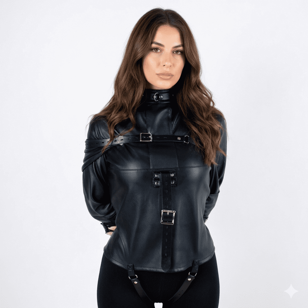 Women Leather Strait jacket | Bondage Jacket BDSM Fetish Harness A close-up portrait of a model wearing a black leather straitjacket with a buckled high-neck collar. The shot highlights the smooth texture of the genuine leather and the reinforced stitching around the chest and shoulder straps.