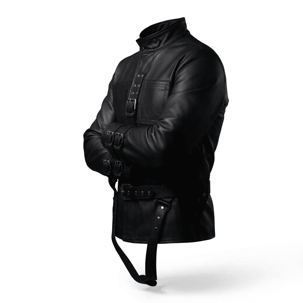 Black Leather Straight jacket | BDSM Restraint Jacket A three-quarter perspective of the straight jacket showcasing the high-collar design, the texture of the genuine black leather, and the intricate hardware detailing on the chest and arms.