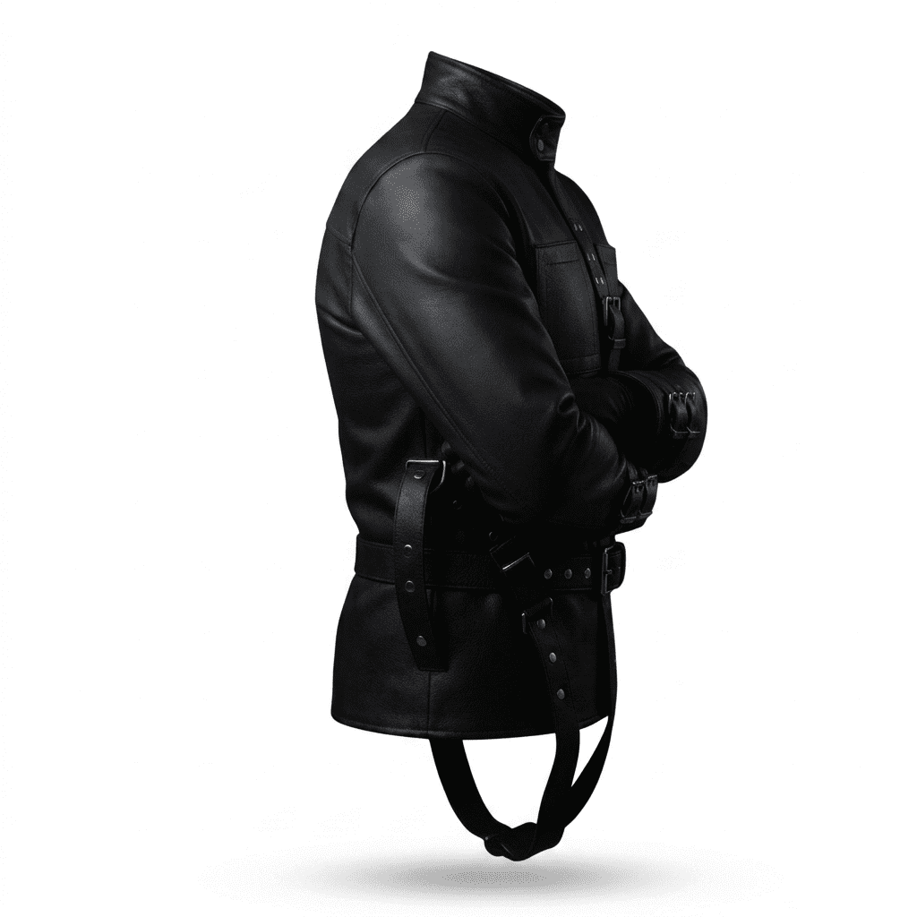 Black Leather Straight jacket | BDSM Restraint Jacket A profile view from the right side of the leather straight jacket, highlighting the structured sleeve, side buckle attachments, and the integrated leather crotch strap extending from the hem.