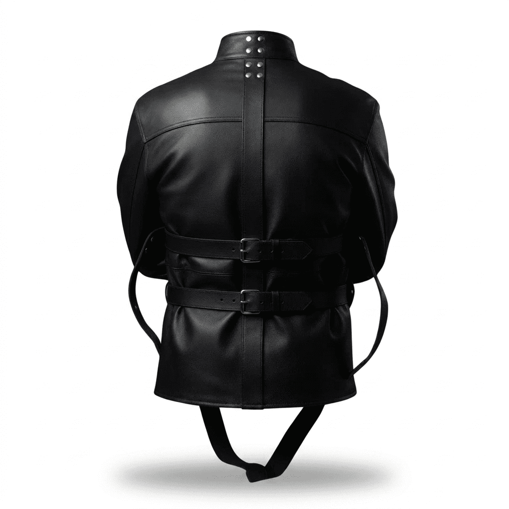 Black Leather Straight jacket | BDSM Restraint Jacket A rear view of the black leather straight jacket showing a secure closure system consisting of two horizontal buckled straps and a central vertical spine strap reinforced with silver studs.