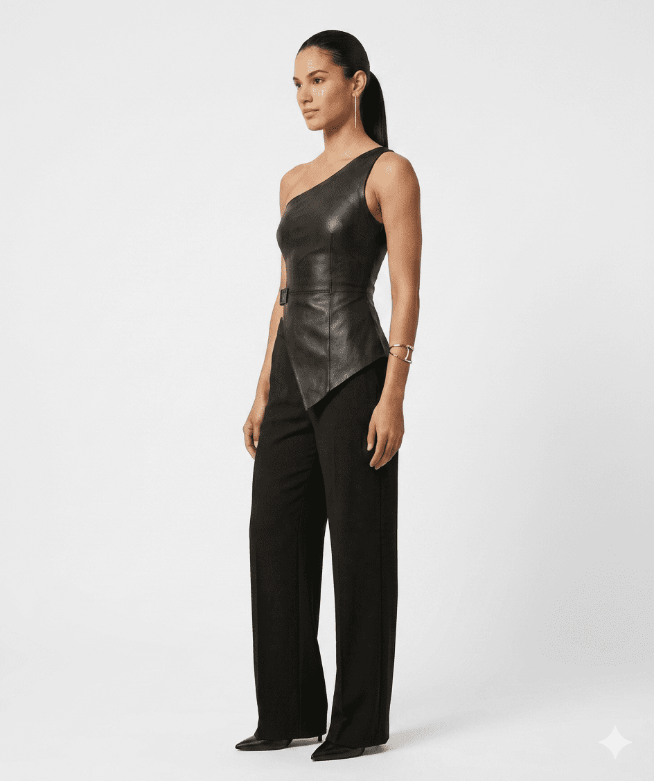 Asymmetrical One Shoulder Top | Leather One Shoulder Top A full-length studio portrait taken from a three-quarter angle of a woman modeling a modern black leather outfit. She is wearing an asymmetrical one-shoulder top featuring a dramatic pointed hemline and a buckle detail at the waist. She is also wearing long, loose black dress pants and pointed black heels.