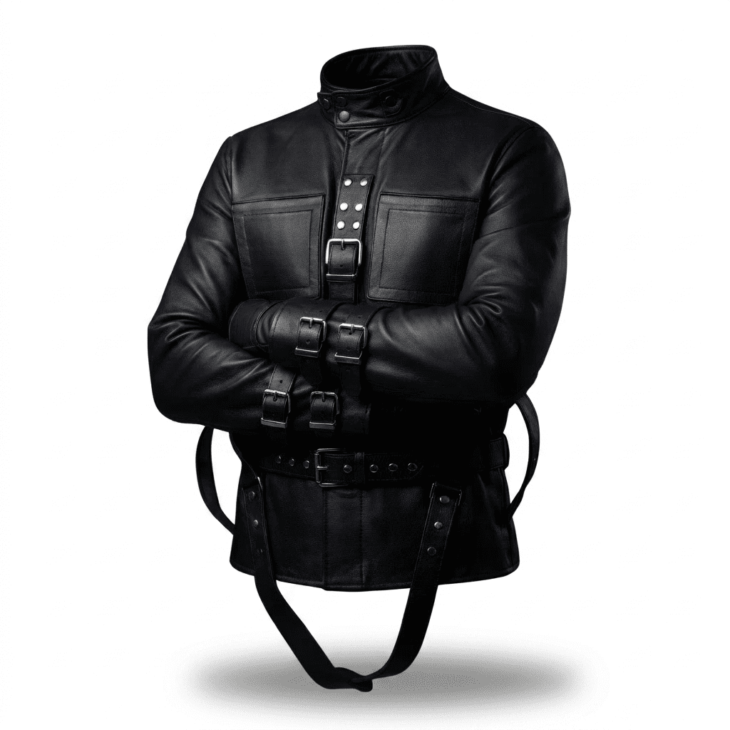 Black Leather Straight jacket | BDSM Restraint Jacket A front-facing view of a premium black leather straight jacket on a floating torso, featuring crossed arms secured by multiple adjustable buckles and a central vertical strap with silver rivets. The Faree Leather logo is visible in the upper left corner.
