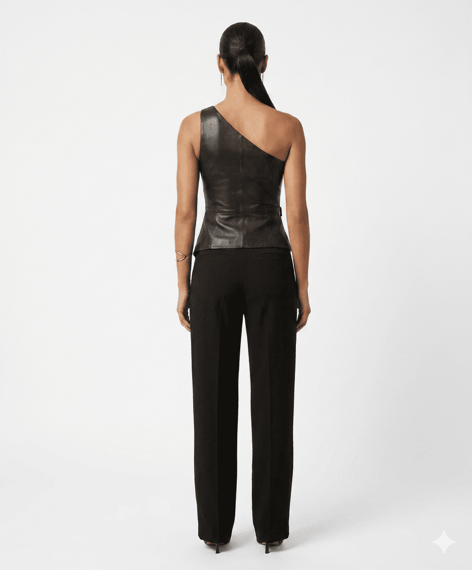 Asymmetrical One Shoulder Top | Leather One Shoulder Top Full-length studio shot from the back of a woman facing away from the camera. She wears a black leather asymmetrical one-shoulder top that features vertical panel tailoring and a subtle flared hem at the hips. The top is styled with high-waisted black wide-leg trousers, black stiletto heels, and her hair is in a sleek ponytail.