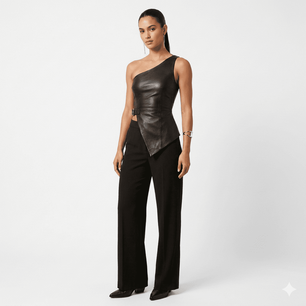 Asymmetrical One Shoulder Top | Leather One Shoulder Top Full-length, straight-on studio shot of a woman modeling a contemporary monochromatic black outfit. The centerpiece is a black leather asymmetrical one-shoulder top with a diagonal neckline, a side cutout with a buckle, and a sharp pointed hem. She completes the look with fluid wide-leg black trousers and pointed shoes.