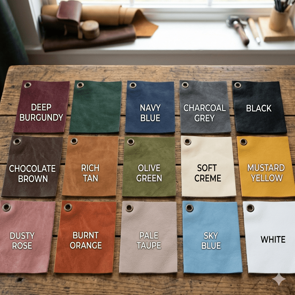 Leather Dress Sleeveless | Premium Genuine Brown Midi photo of fifteen genuine lambskin leather color swatches arranged in a 3x5 grid on a rustic wooden workbench. Each leather sample features a distinct color name printed cleanly on it.
