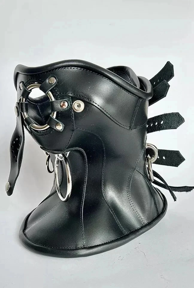 Women Black Leather | Adjustable Gothic Punk Waist Neck Collar Three-quarter side view of a high-profile black leather posture collar featuring polished silver O-rings, a wide flared base, and triple-strap closures at the back.