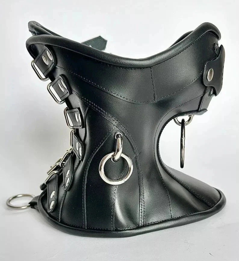 Women Black Leather | Adjustable Gothic Punk Waist Neck Collar Profile view of the genuine leather neck corset showcasing the ergonomic contouring for the jawline and the heavy-duty buckle system for adjustable fitting.