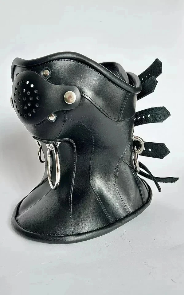 Women Black Leather | Adjustable Gothic Punk Waist Neck Collar Front-facing view of the posture collar with a detachable perforated leather mouth guard secured by silver snap buttons.