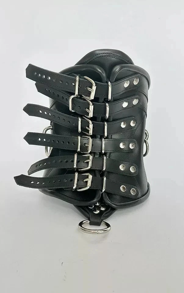 Women Black Leather | Adjustable Gothic Punk Waist Neck Collar Detailed rear view of the restraint showing the five-tier adjustable buckle straps and the vertical alignment for a secure, custom fit.