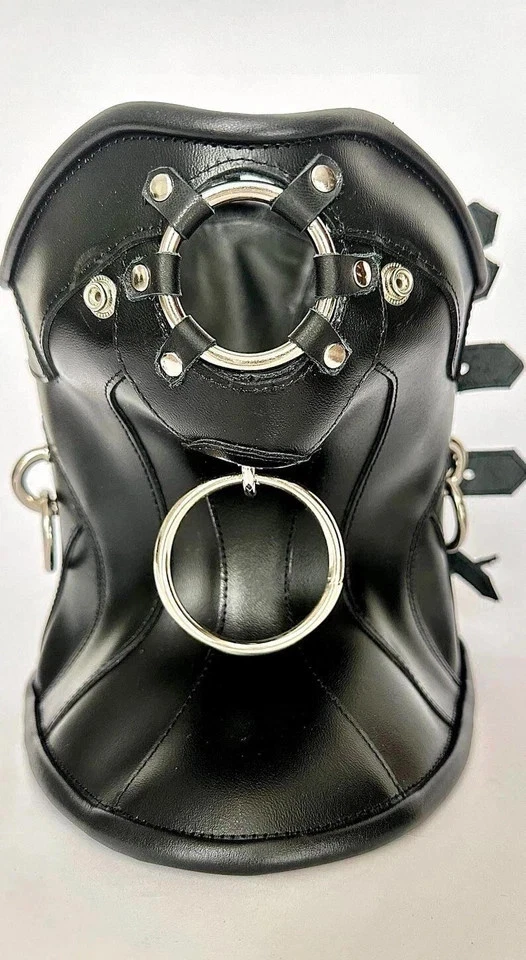 Women Black Leather | Adjustable Gothic Punk Waist Neck Collar Close-up front view of the high-shoulder collar focusing on the central O-ring attachment and the padded, rolled edges for comfort.