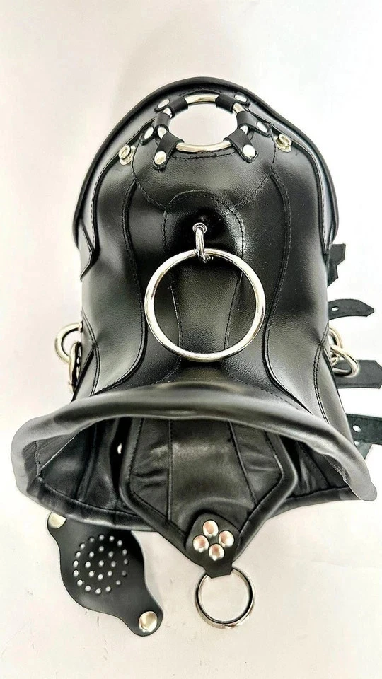 Women Black Leather | Adjustable Gothic Punk Waist Neck Collar Top-down perspective of the leather posture collar showing the interior padding, the removable mouth guard, and the bottom-mounted D-ring.