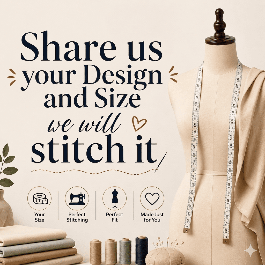 Asymmetrical One Shoulder Top | Leather One Shoulder Top An advertising graphic for custom tailoring services. On the left, text reads, "Share us your design and size, we will stitch it." On the right is a beige mannequin draped with a measuring tape and fabric.