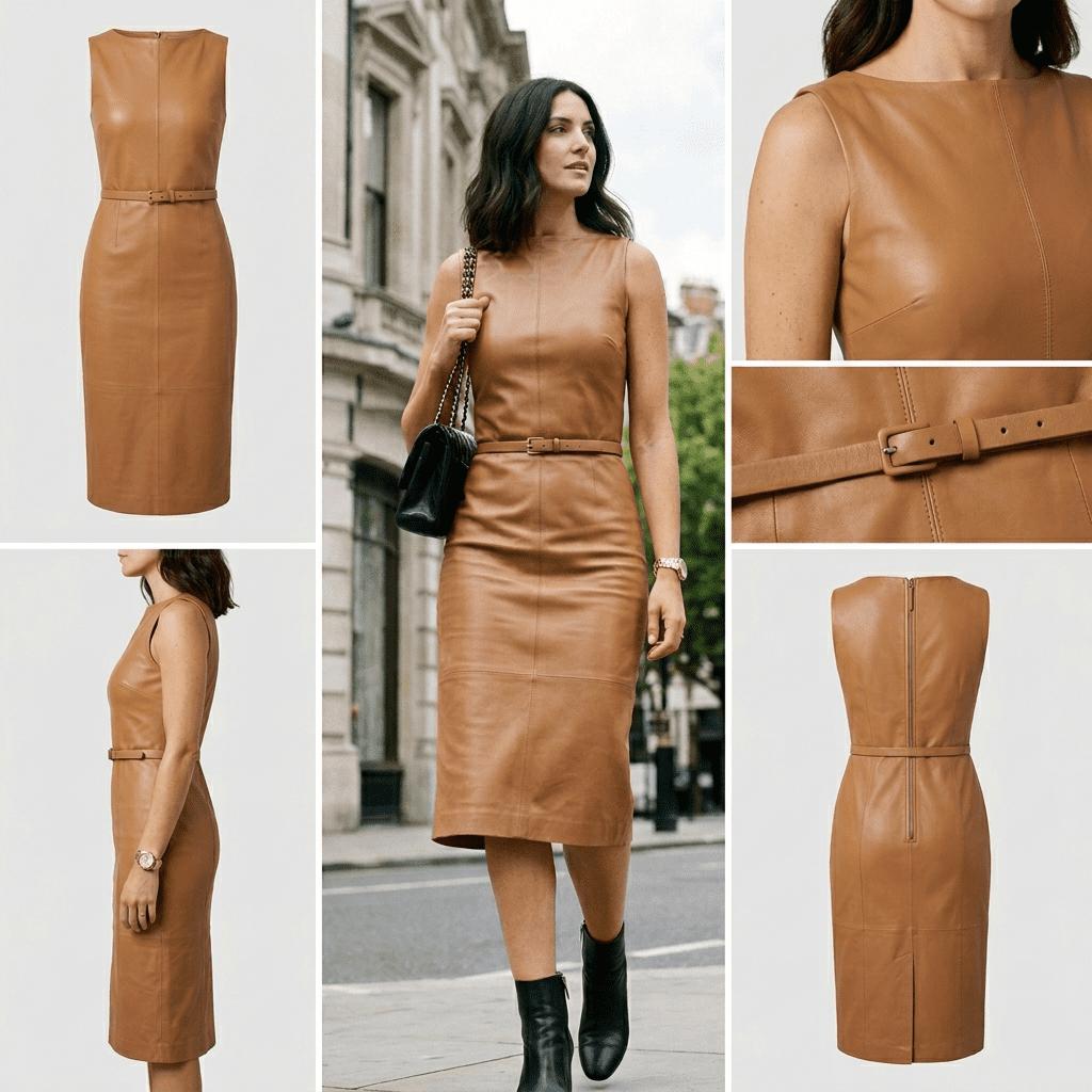 Leather Dress Sleeveless | Premium Genuine Brown Midi A multi-photo product collage of a women's camel brown sleeveless leather midi dress with a belt, showcasing the front, back zipper view, side profile, and close-up details.