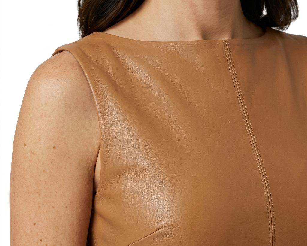 Leather Dress Sleeveless | Premium Genuine Brown Midi Close-up detail of the boat neckline and shoulder of a women's luxury brown genuine leather dress showing the smooth, premium texture and tonal stitching.