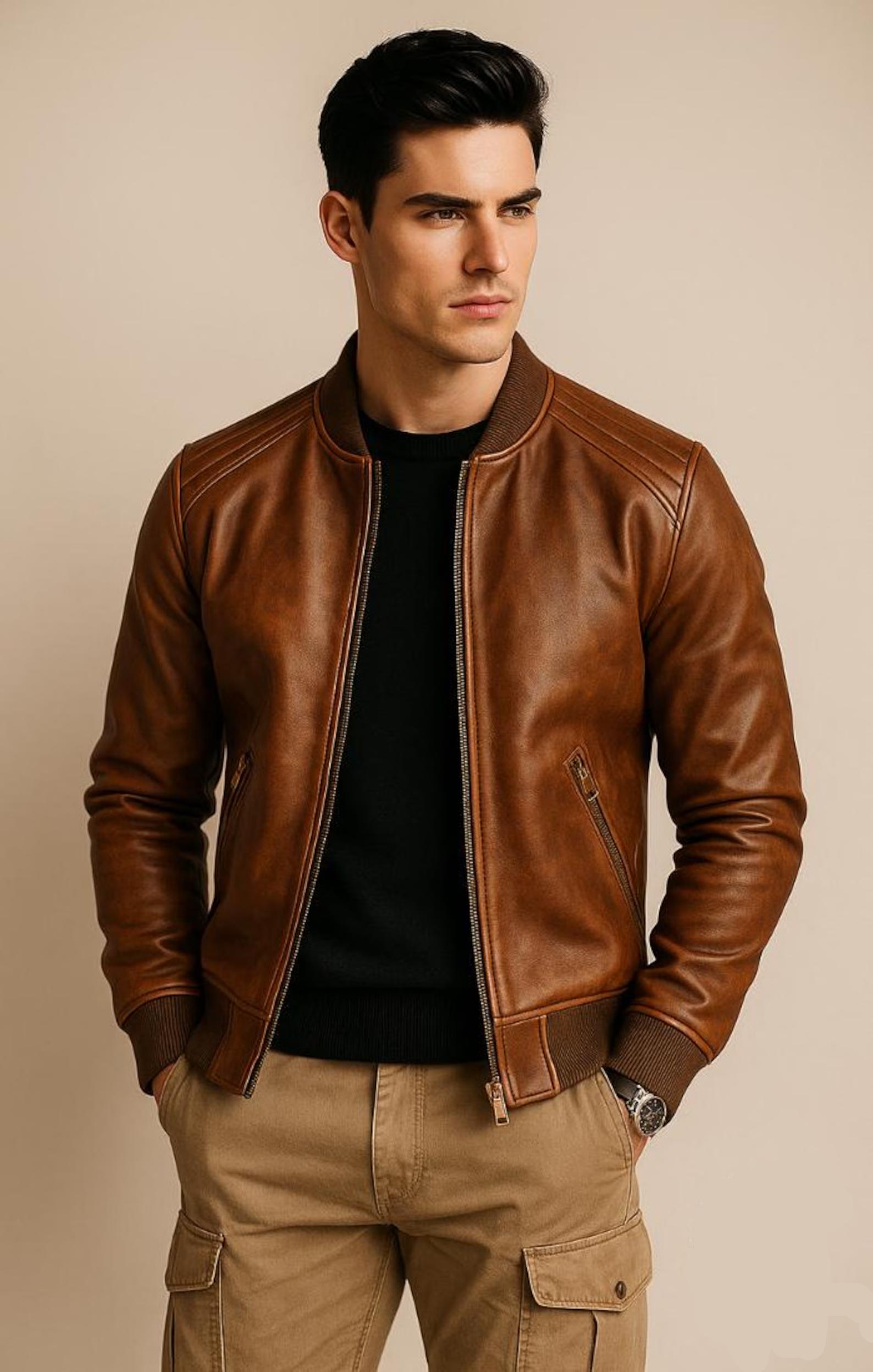 Men's Brown Leather Bomber Jacket, Handmade Real Sheepskin Vintage, Aviator Jacket