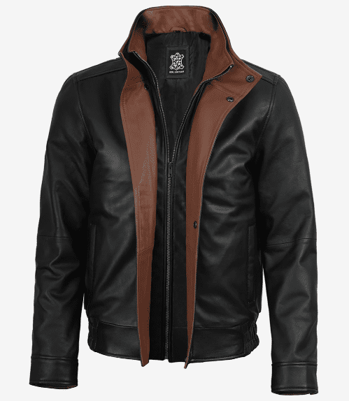 Men's Genuine Leather Jacket | Black and Brown Leather Jacket Front view of a men's genuine leather bomber jacket in black with an open dual front zipper, showing the contrasting brown inner lapels and a high-quality stand collar.