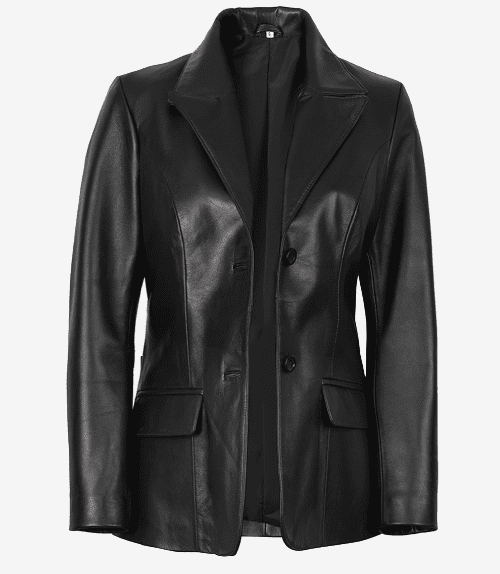 Women's Genuine Leather Jacket | Lambskin Blazer Jacket A front studio view of the black leather blazer jacket, shown here fully fastened with its two black front buttons. The closure cinches the waist slightly, accentuating the blazer’s elegant, professional design.