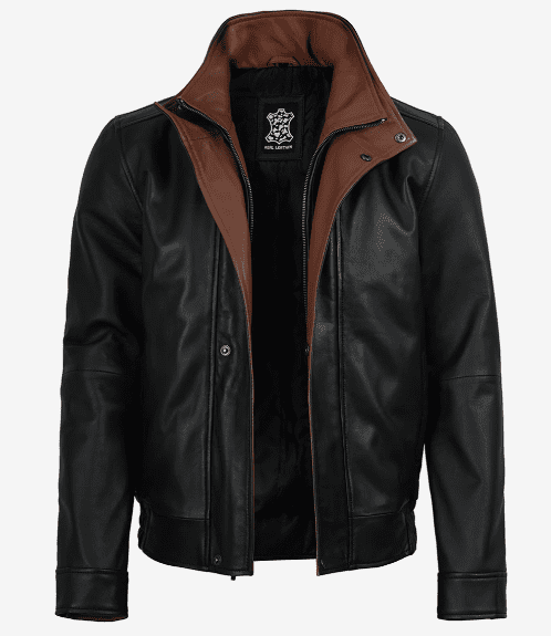 Men's Genuine Leather Jacket | Black and Brown Leather Jacket Men's real leather motorcycle jacket featuring an open-front dual-tone style with asymmetric brown inner collar flaps, heavy-duty metallic zippers, and a premium smooth black finish.