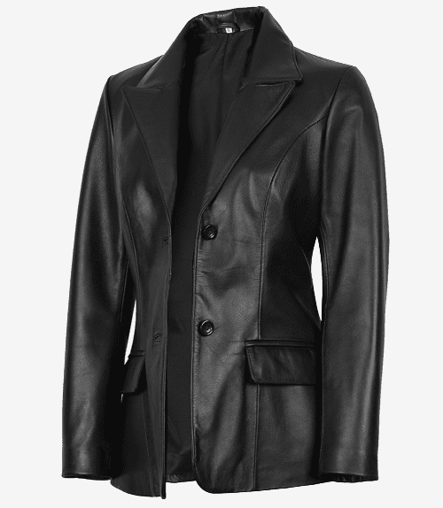 Women's Genuine Leather Jacket | Lambskin Blazer Jacket A three-quarter angle product shot of the unbuttoned black leather blazer jacket, showing the dimension, shoulder structure, and the smooth dark inner lining on a minimalist background.