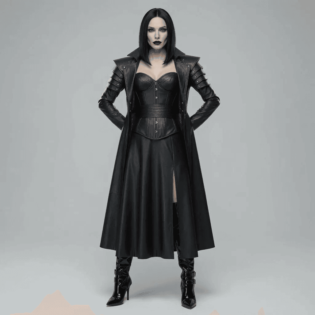 Black Leather Gothic Dress | Vampire Queen Costume, Fantasy Cosplay Outfit A full-length studio portrait of a model with black hair and dark lipstick, wearing a long black leather coat over a matching corset dress and shiny black high-heeled boots.