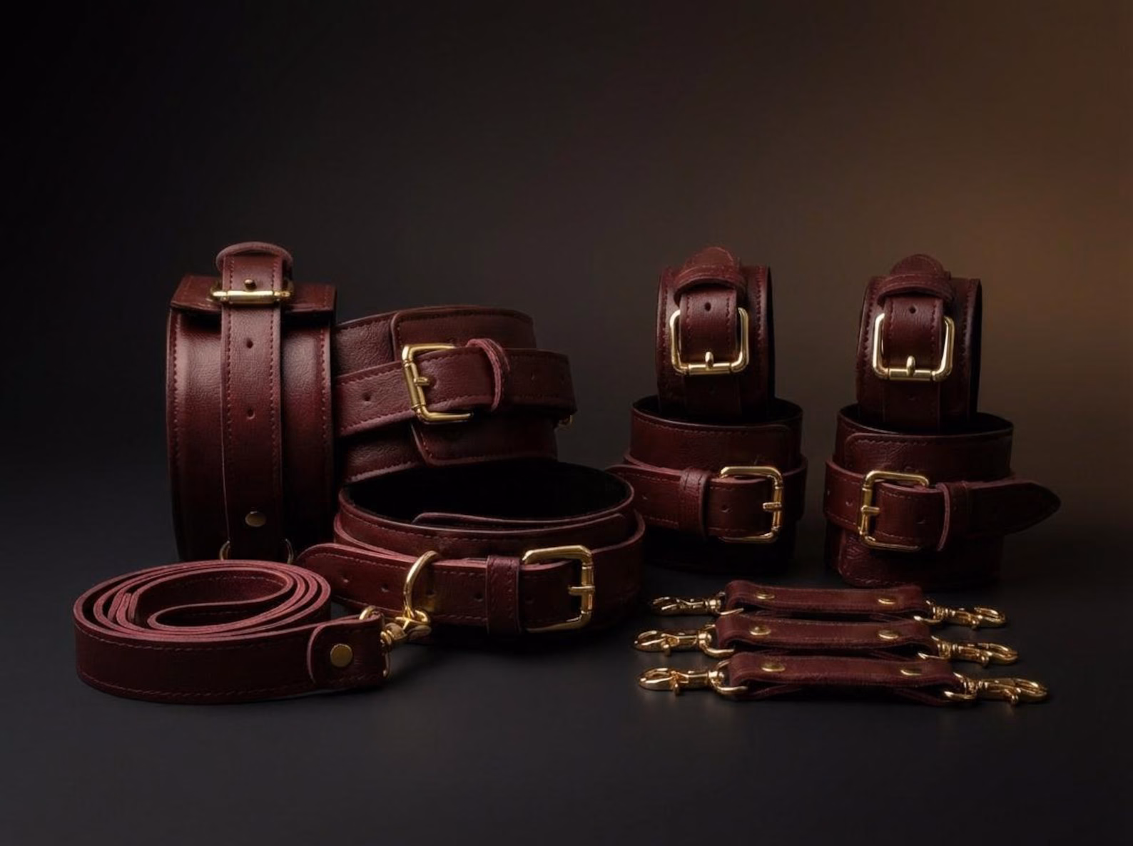 Leather Bondage Harness Set, BDSM Restraints With Collar, Leash, Cuffs, Belt, Garters