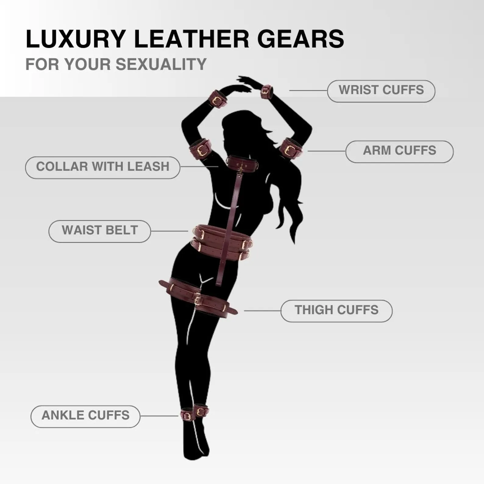 Leather Bondage Harness Set, BDSM Restraints With Collar, Leash, Cuffs, Belt, Garters