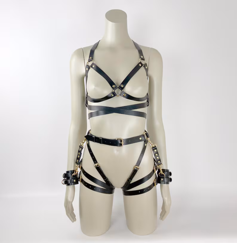 Black Leather Harness Set | Harness With Cuffs | BDSM Black Leather Harness Set | Harness With Cuffs | BDSM