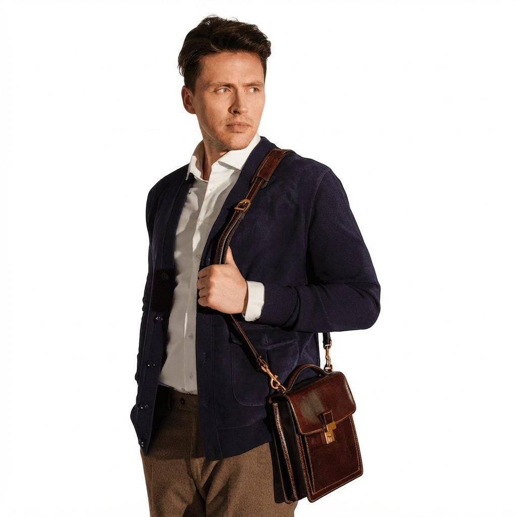 A model wearing a navy blue cardigan over a white shirt, carrying a small brown leather briefcase as a crossbody messenger bag against a solid white background.