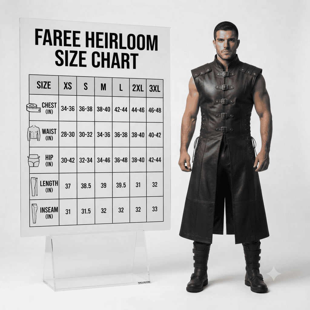 Men's Black Leather | Warrior Costume Set, Medieval Viking Outfit, Gothic LARP Armor A full-body studio shot of a male model wearing the Faree Heirloom black leather vest, matching pants, and boots, standing beside a large white acrylic display board with a clear acrylic stand. The bold black text on the board reads "FAREE HEIRLOOM SIZE CHART" above a detailed grid listing sizes from XS to 3XL with corresponding measurements for chest, waist, hip, length, and inseam.