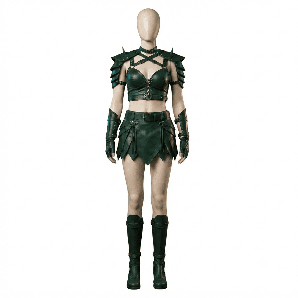 Leather Warrior Armor Set | Dark Green Boots, Fantasy Cosplay Costume "Full-body view of a green fantasy leather armor set displayed on a mannequin, including a lace-up bodice, armored shoulder pauldrons, a buckled skirt, gauntlet gloves, and matching knee-high boots, isolated on a plain white background."