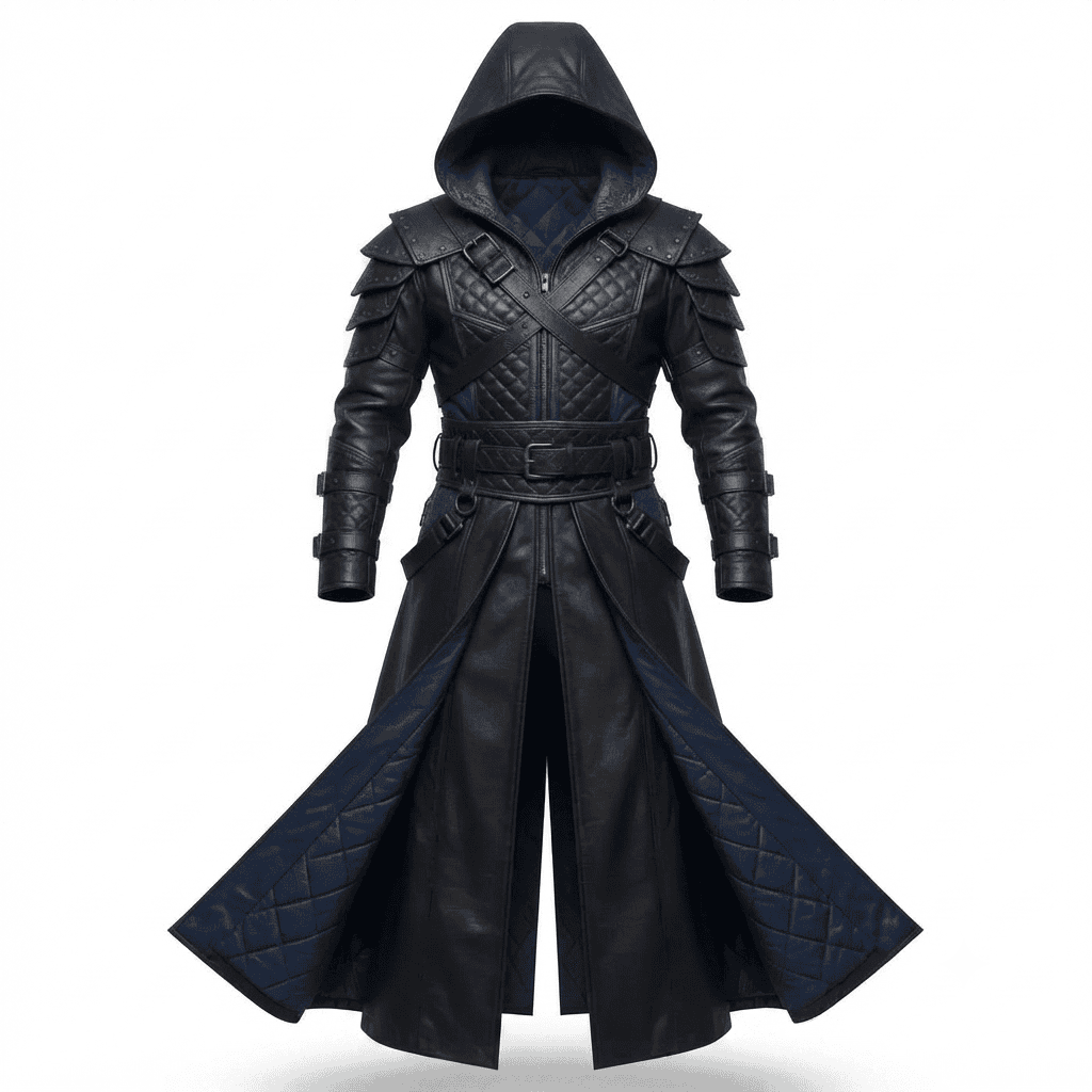 Black Hooded Leather Armor Coat | Medieval Fantasy Assassin Trench Coat A black hooded leather coat with quilted blue lining and armored shoulder details displayed against a solid white background.