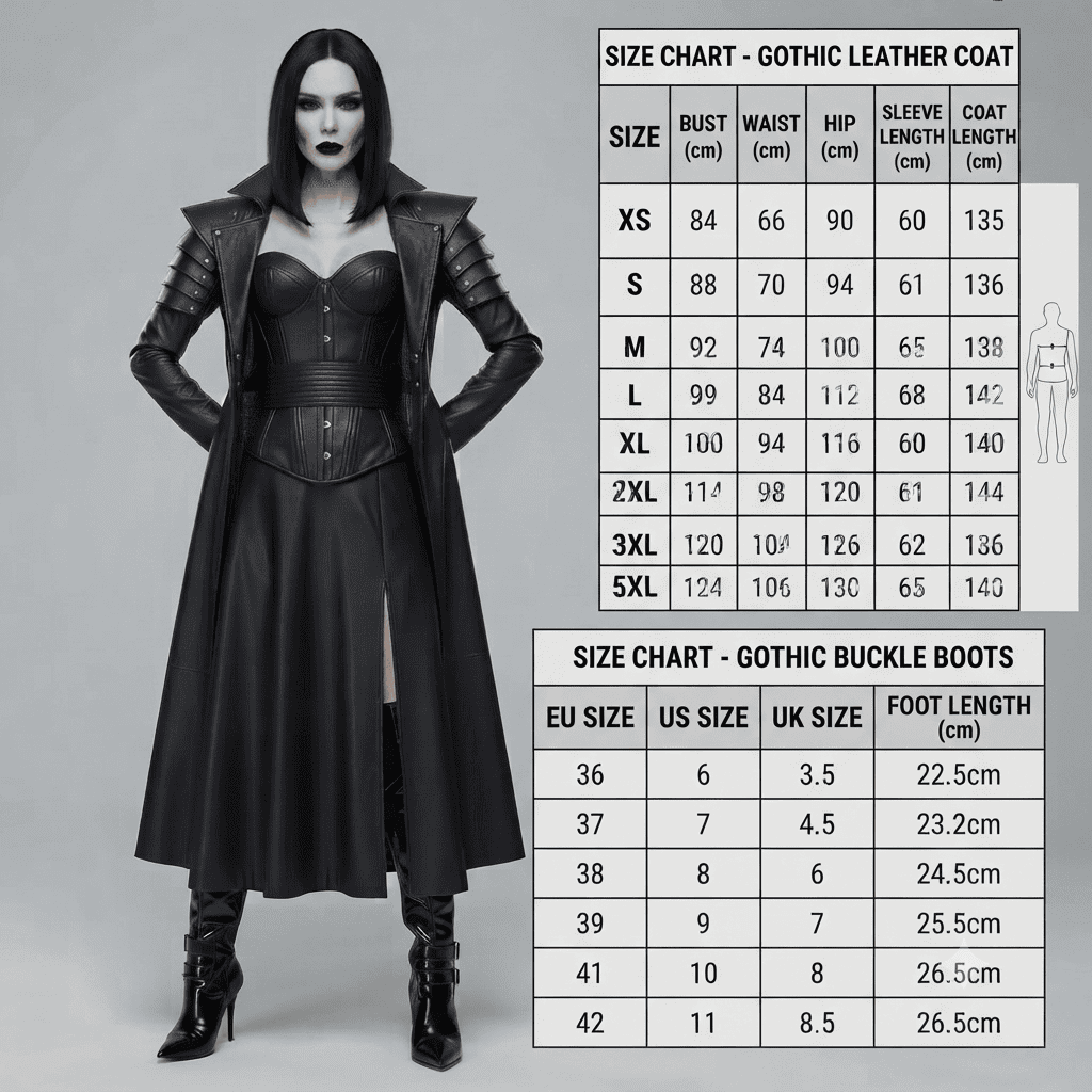 Black Leather Gothic Dress | Vampire Queen Costume, Fantasy Cosplay Outfit A full-length studio shot featuring a model with black hair and dark makeup wearing a Gothic leather coat over a matching corset dress and shiny black buckle high heels.