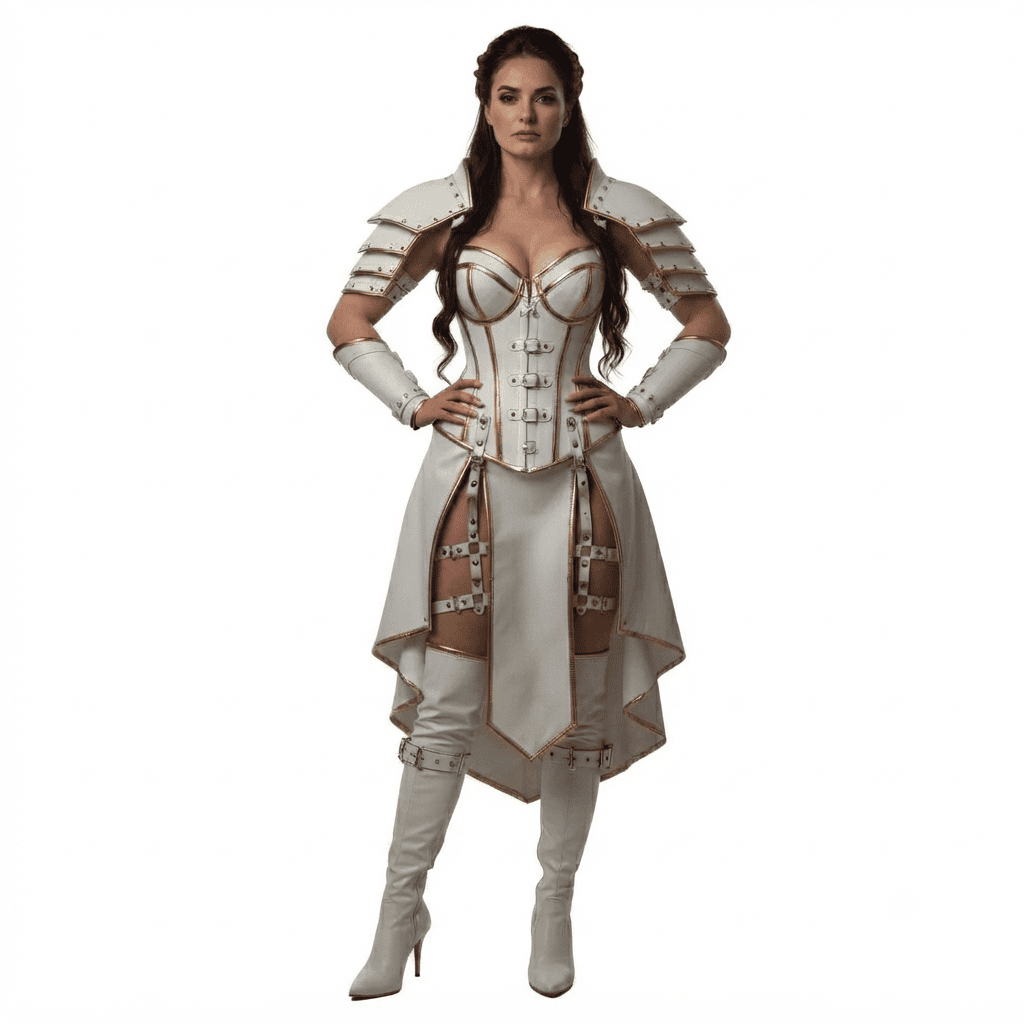 Leather Armor Corset Dress | Fantasy Warrior Queen Costume, LARP, Cosplay Full-length studio product shot of a woman modeling a premium white and gold genuine leather medieval fantasy warrior costume set, featuring a structured overbust corset, tiered shoulder armor pauldrons, matching wrist bracers, garter skirt, and thigh-high heeled boots against a pure white background.
