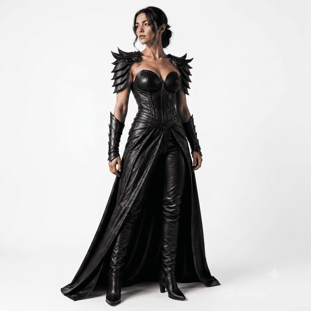 Black Leather Warrior Dress | with Thigh-High Boots, Gothic Corset Cosplay Outfit A full-body studio portrait of a woman in elaborate black leather fantasy armor with pointed shoulder pauldrons, gauntlets, a corset, and a long flowing split-skirt, standing against a seamless white background, looking off to the side with a serious expression.