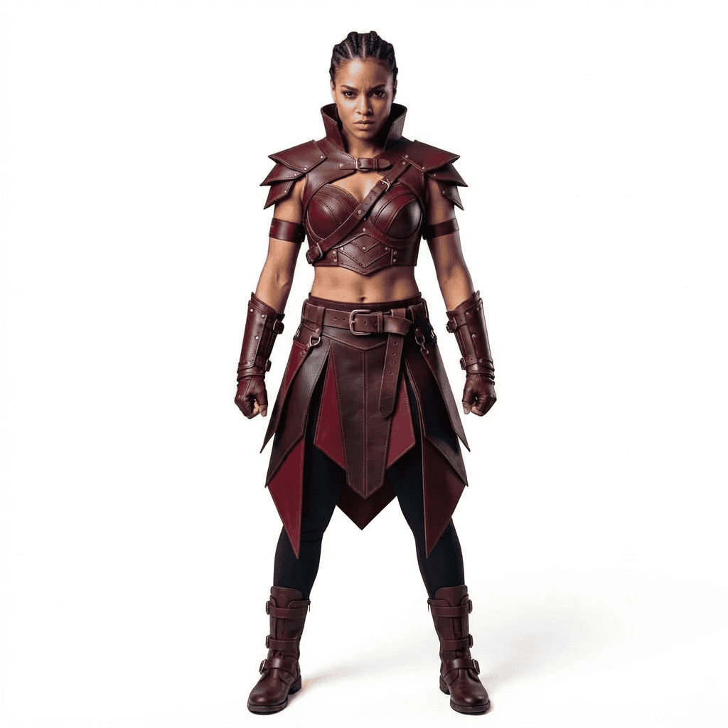 Leather Medieval Battle Costume | Fantasy Cosplay LARP Costume A full-body shot of a woman with braided hair wearing maroon leather fantasy-style armor and boots, standing in a powerful pose against a solid white background.