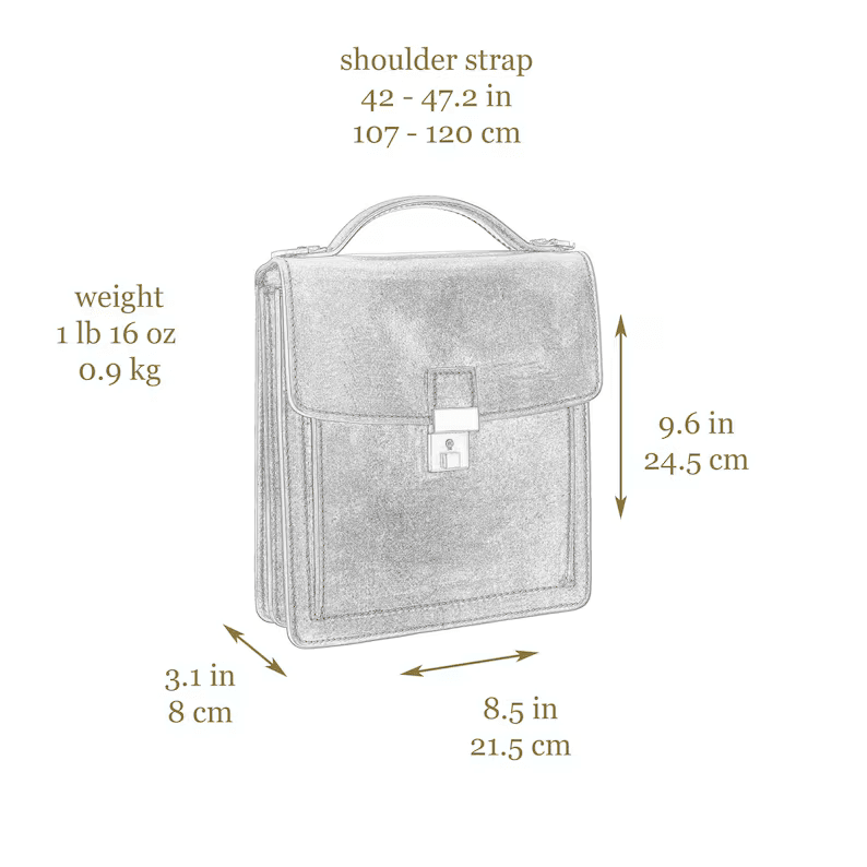 A technical sketch of the small leather briefcase highlighting its dimensions ($8.5 \times 9.6 \times 3.1$ inches), shoulder strap length ($42 - 47.2$ inches), and weight ($1$ lb $16$ oz).