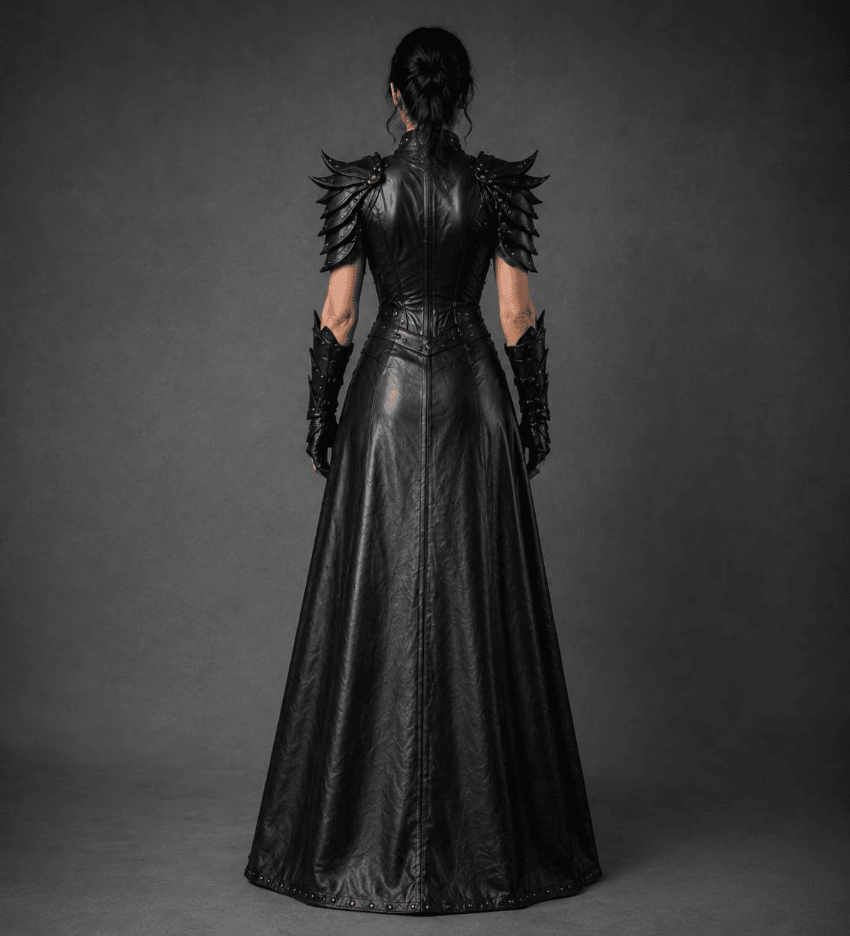 Black Leather Warrior Dress | with Thigh-High Boots, Gothic Corset Cosplay Outfit Rear view of a detailed black leather fantasy armor gown, featuring spiky pauldrons, a fitted corset back, matching gauntlets, and a full-length skirt, ideal for cosplay."