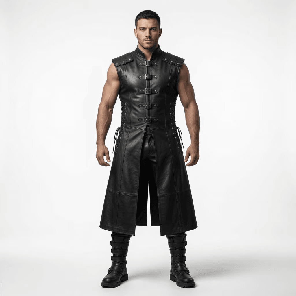 Men's Black Leather | Warrior Costume Set, Medieval Viking Outfit, Gothic LARP Armor A full-body studio portrait of a male model wearing the Faree Heirloom black leather vest with matching trousers and combat boots against a neutral light background.