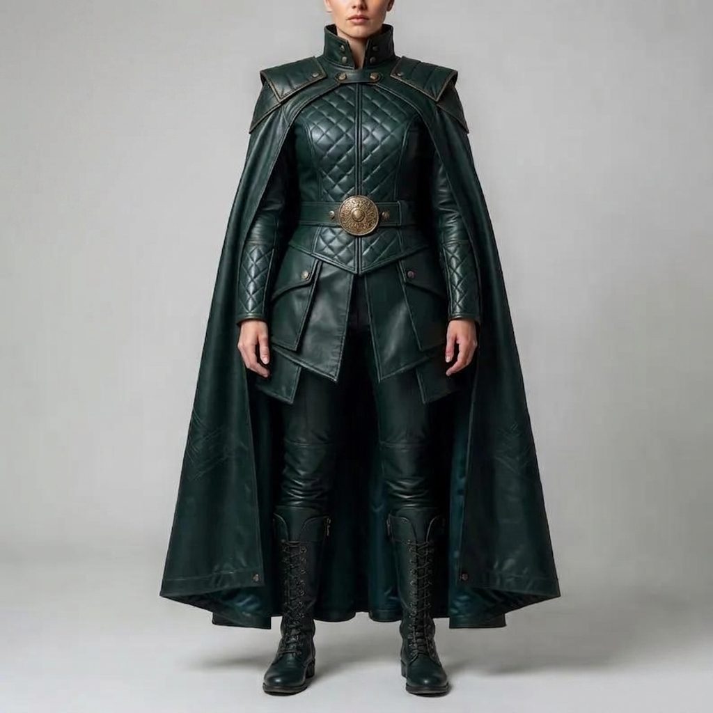 Leather Larp Armour, Dark Green Cloak &ndash; Quilted Cape, Medieval Cosplay Outfit