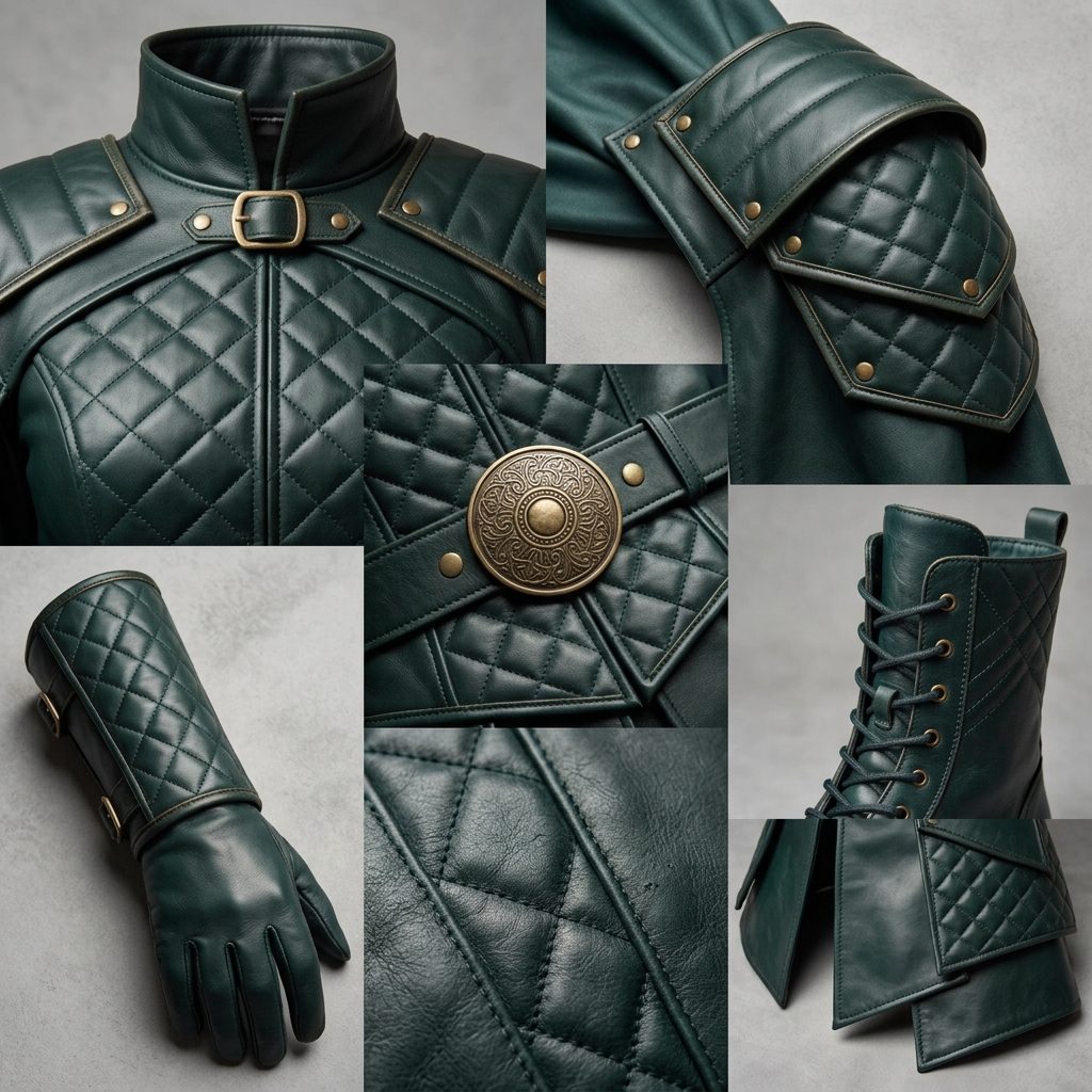 Leather Larp Armour, Dark Green Cloak &ndash; Quilted Cape, Medieval Cosplay Outfit
